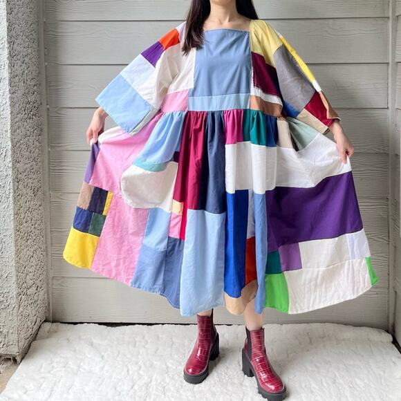 Handmade Quilted Patchwork Colorblock Dress SKU 03083 - Picture 1 of 15